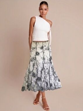 Linea Domani Vintage Floral Stretch Lace Fairy A-Line Midi Skirt Elastic Waist S